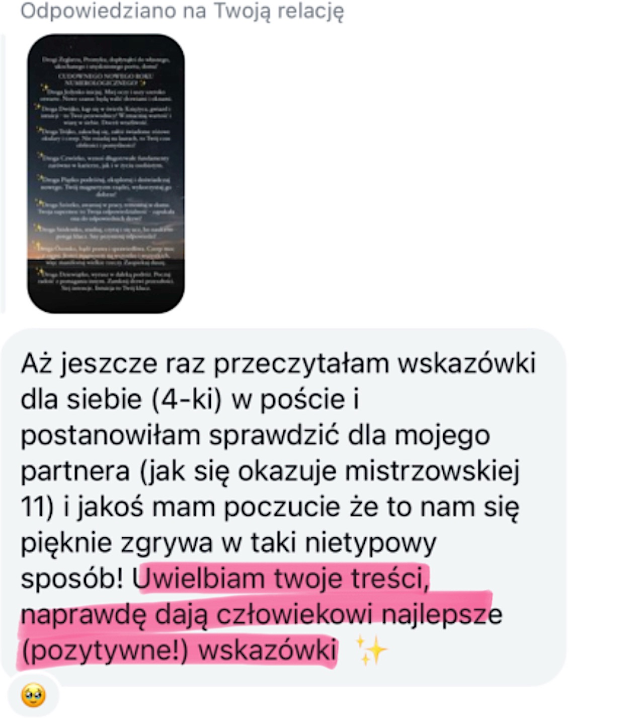 Odpowiedź na relację: Aż jeszcze raz przeczytałam wskazówki dla siebie w poście i postanowiłam sprawdzić dla mojego partnera. Uwielbiam twoje treści, naprawdę dają człowiekowi najlepsze (pozytywne!) wskazówki.