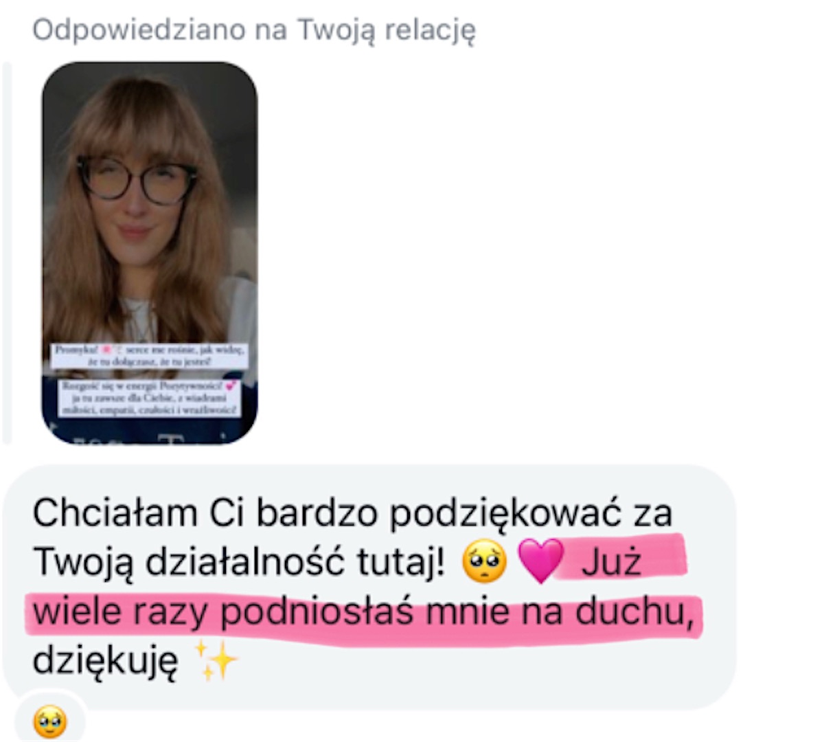 Odpowiedź na relację: Chciałam Ci bardzo podziękować za Twoją działalność tutaj! Już wiele razy podniosłaś mnie na duchu, dziękuję.