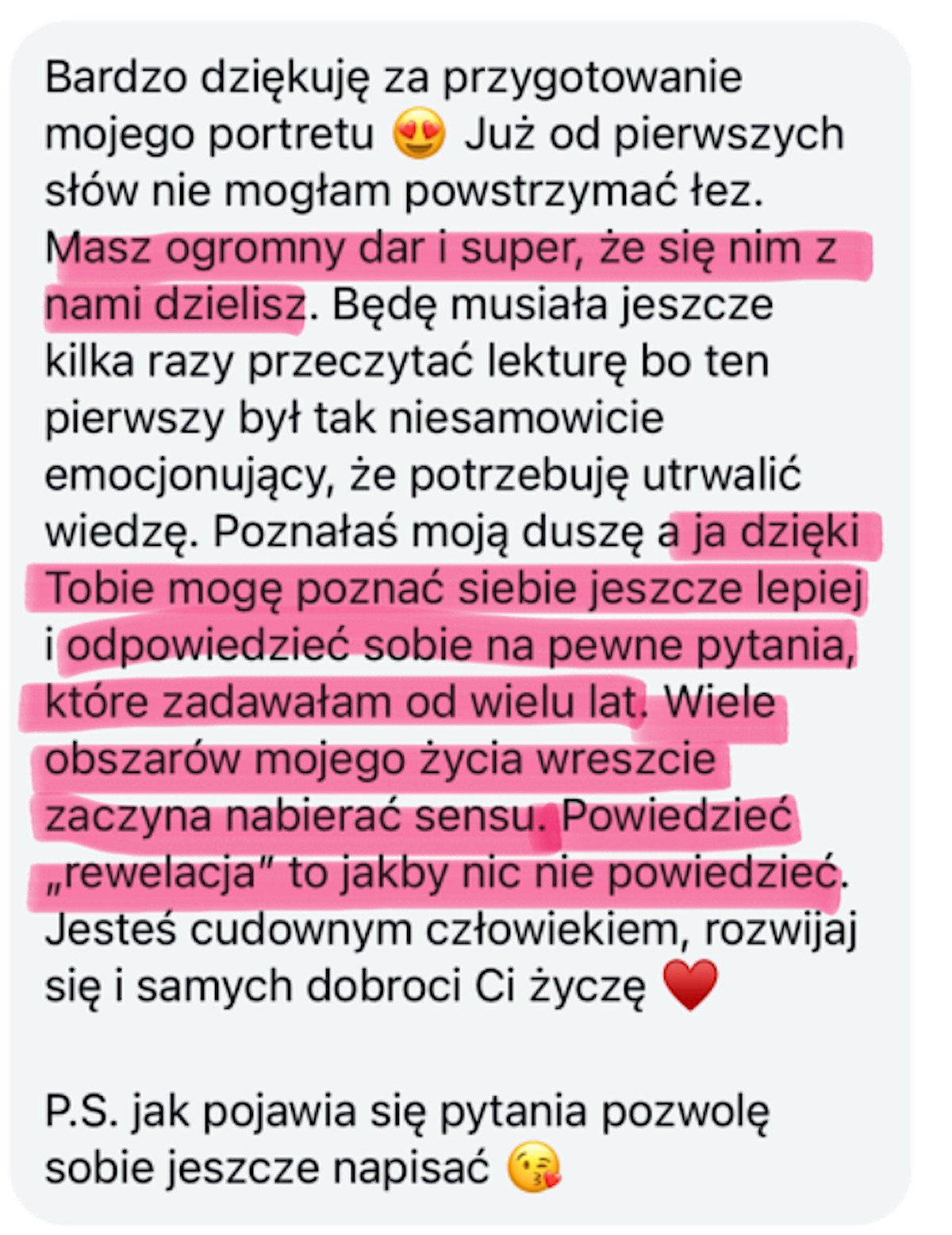 Bardzo dziękuję za przygotowanie mojego portretu. Masz ogromny dar i super, że się nim z nami dzielisz. Ja dzięki Tobie mogę poznać siebie jeszcze lepiej i odpowiedzieć sobie na pytania, które zadawałam od wielu lat. Powiedzieć „rewelacja” to jakby nic nie powiedzieć.